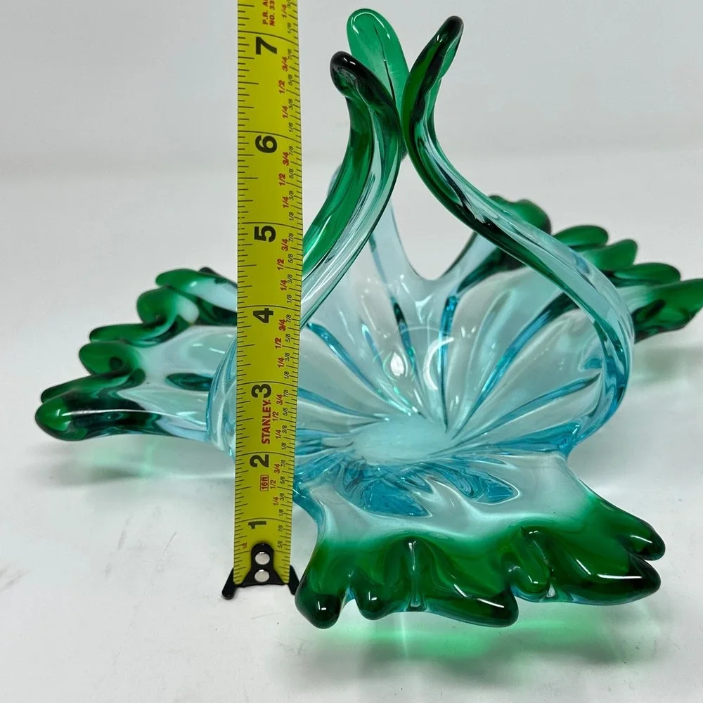 Vintage Murano Style Art Glass Basket Aqua Blue Emerald Green Hand Blown MCM 11
